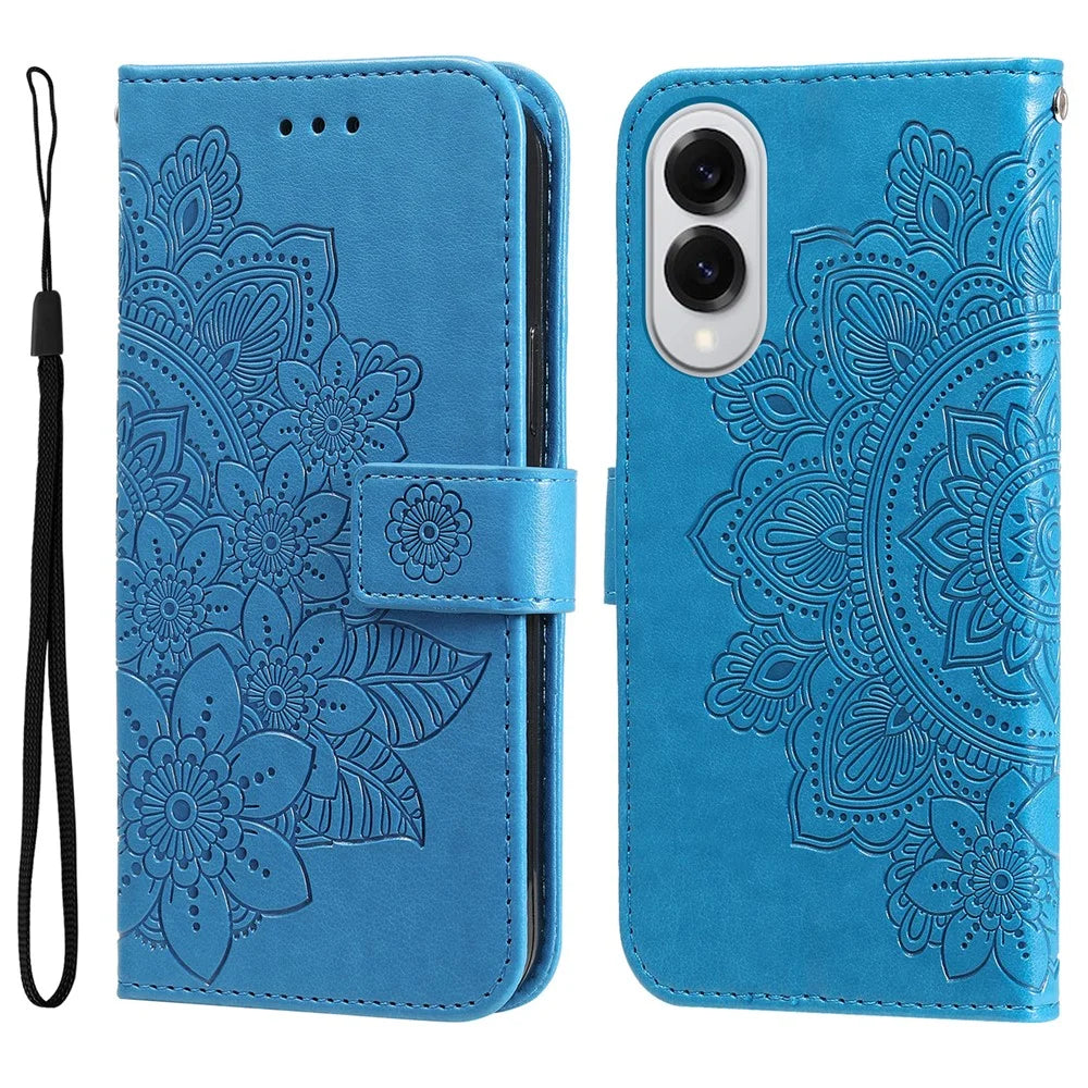 For Samsung Galaxy S25 Edge Case Floral Pattern PU Leather Wallet Stand Phone Cover - Blue - 1