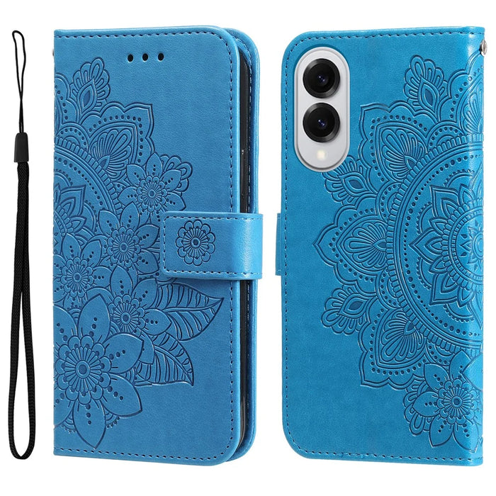 For Samsung Galaxy S25 Edge Case Floral Pattern PU Leather Wallet Stand Phone Cover - Blue - 1