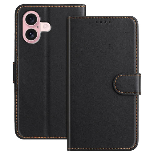 For iPhone 16 Leather Case Wallet Stand Solid Color Anti Drop Phone Cover - Black - 1