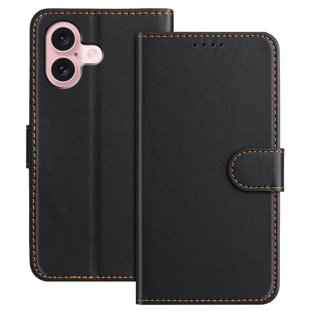 For iPhone 16 Leather Case Wallet Stand Solid Color Anti Drop Phone Cover - Black - 1