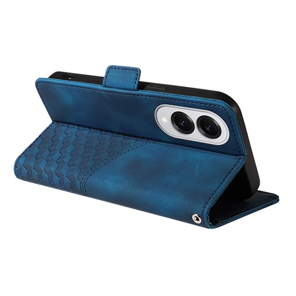 For Samsung Galaxy S25 Edge Case PU Leather Phone Cover Rhombus Starry Imprinted - Blue - 3