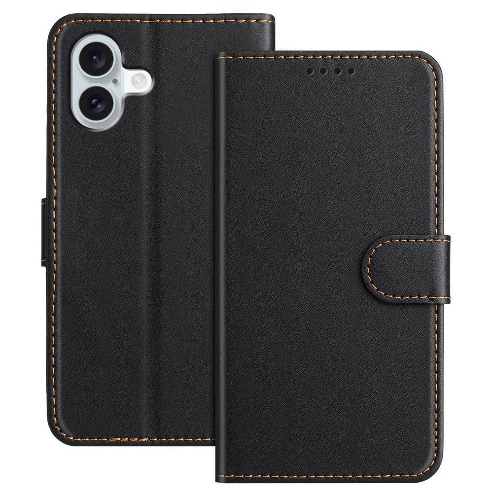For iPhone 16 Plus Leather Case Wallet Stand Solid Color Anti Drop Phone Cover - Black - 1