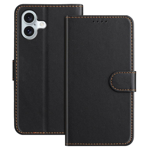 For iPhone 16 Plus Leather Case Wallet Stand Solid Color Anti Drop Phone Cover - Black - 1