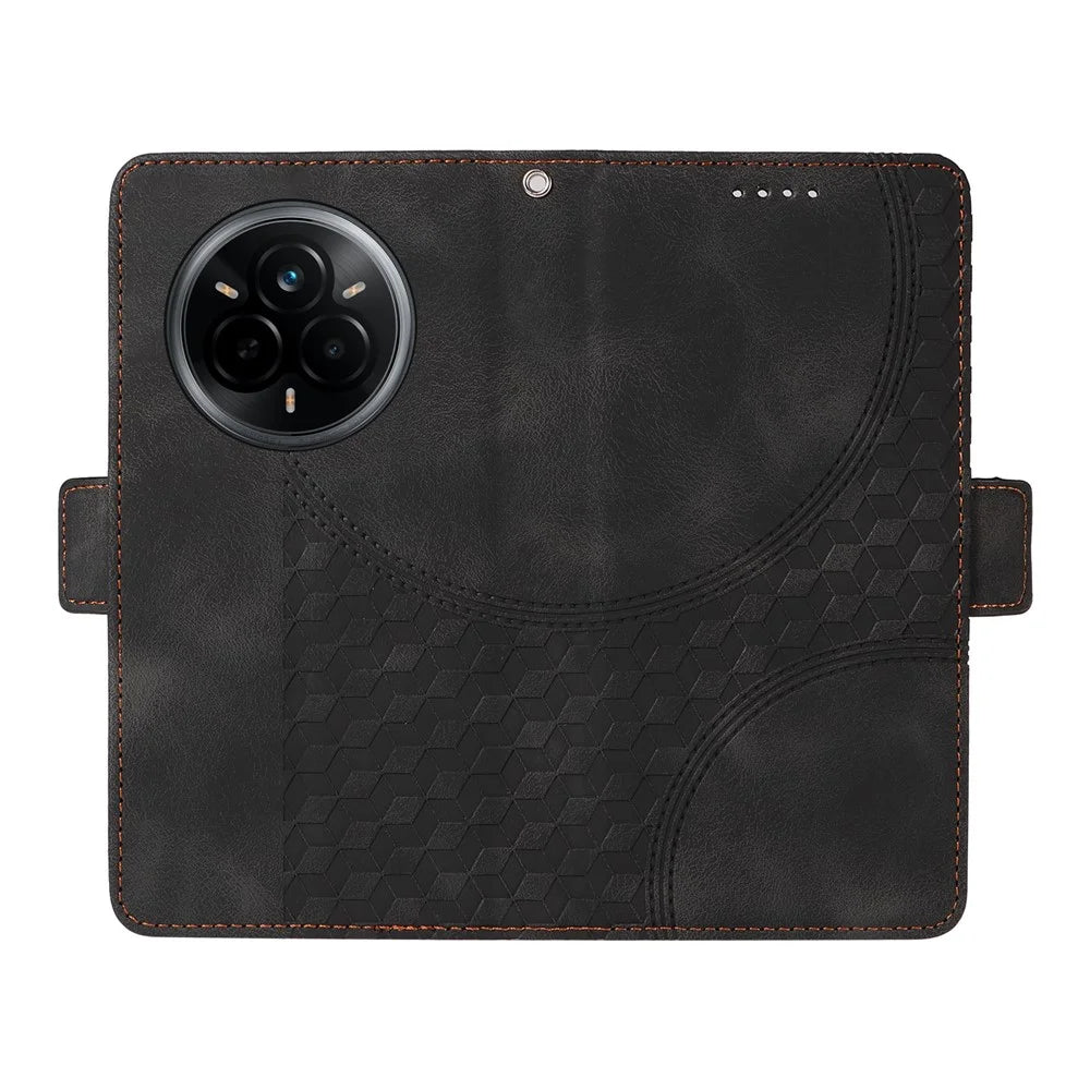 For Realme 14 Pro 5G Case PU Leather Phone Cover Rhombus Starry Imprinted - Black - 4