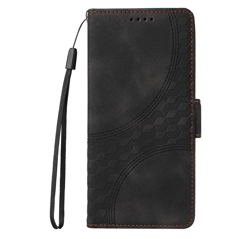 For Realme 14 Pro 5G Case PU Leather Phone Cover Rhombus Starry Imprinted - Black - 6