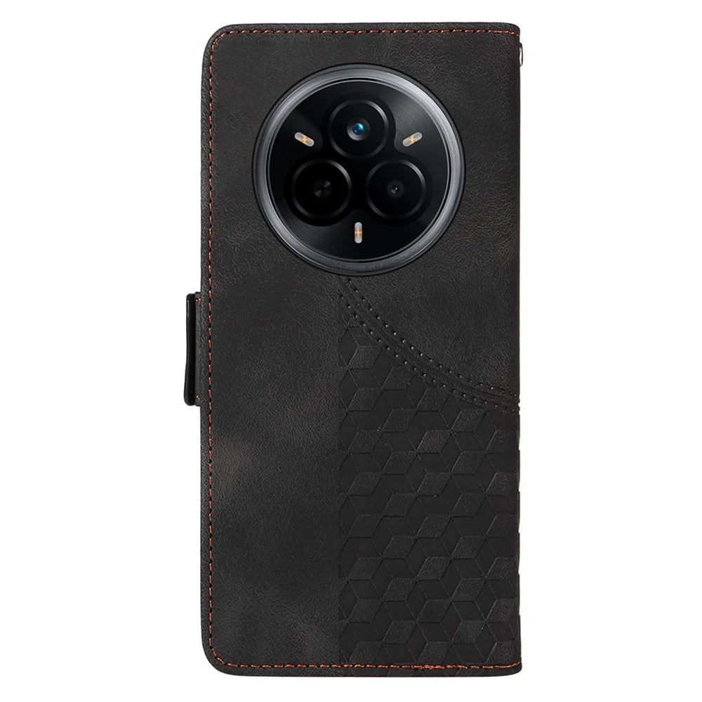 For Realme 14 Pro 5G Case PU Leather Phone Cover Rhombus Starry Imprinted - Black - 7