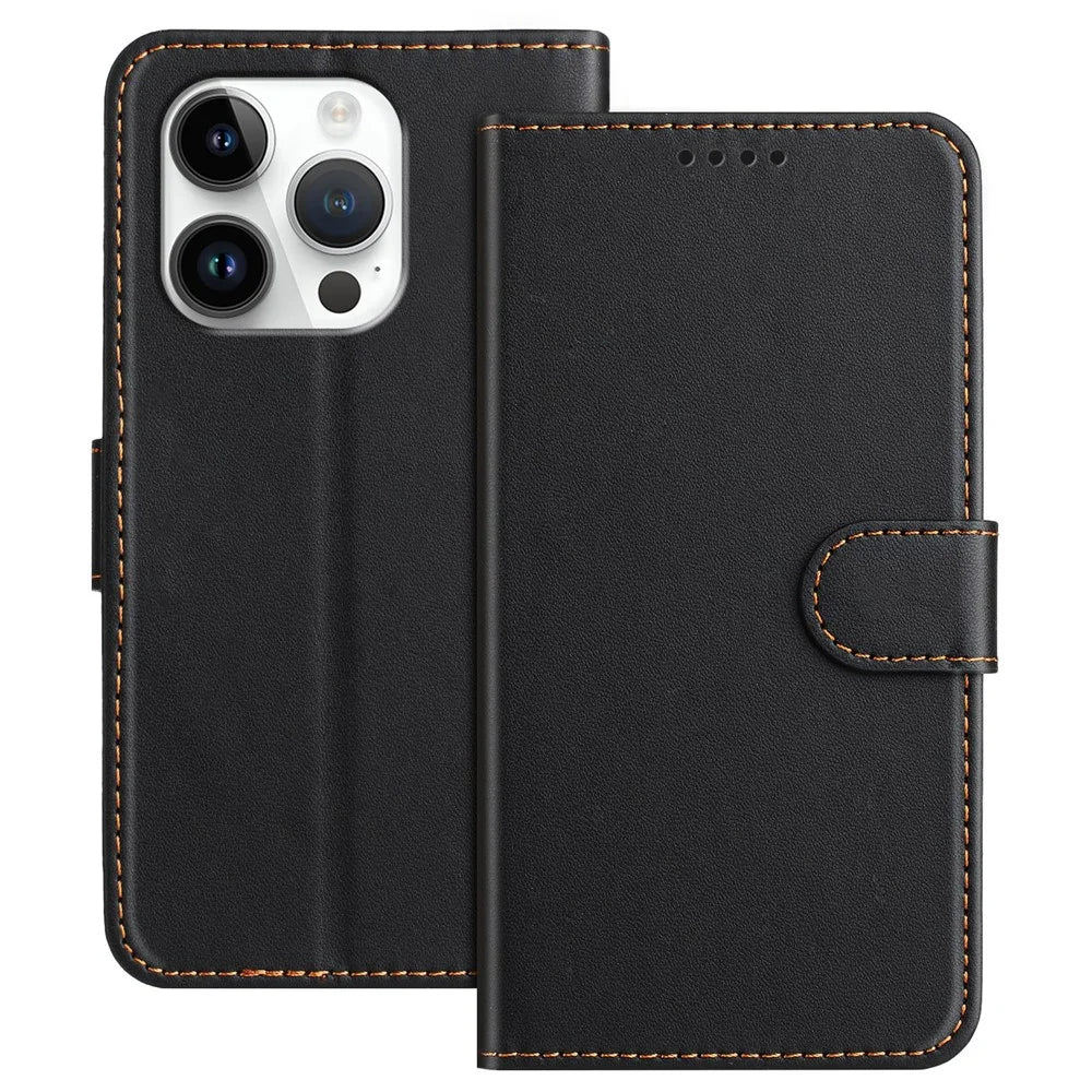 For iPhone 16 Pro Leather Case Wallet Stand Solid Color Anti Drop Phone Cover - Black - 1