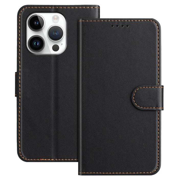 For iPhone 16 Pro Leather Case Wallet Stand Solid Color Anti Drop Phone Cover - Black - 1