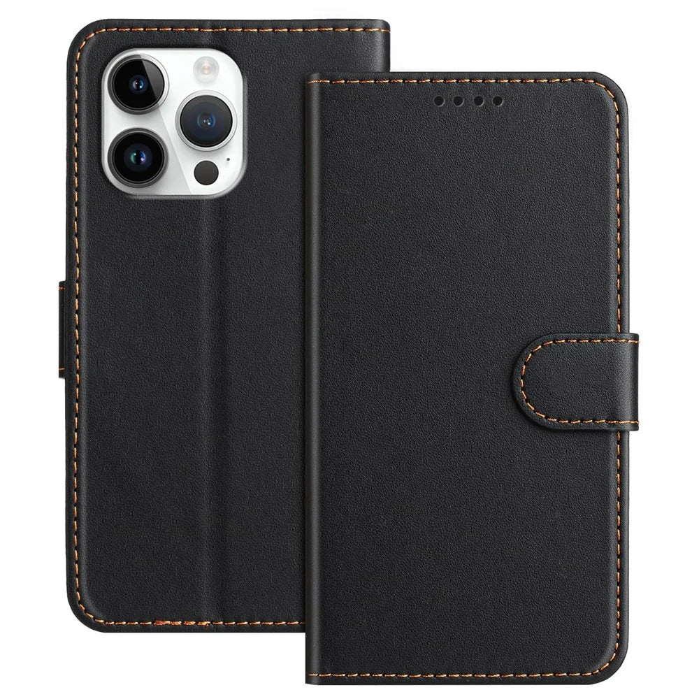 For iPhone 16 Pro Max Leather Case Wallet Stand Solid Color Anti Drop Phone Cover - Black - 1