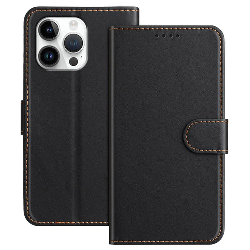 For iPhone 16 Pro Max Leather Case Wallet Stand Solid Color Anti Drop Phone Cover - Black - 1
