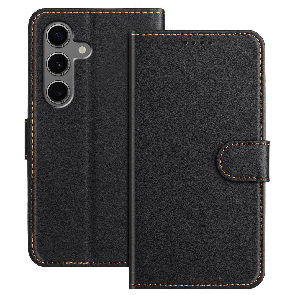 For Samsung Galaxy S25+ Leather Case Wallet Stand Solid Color Anti Drop Phone Cover - Black - 1