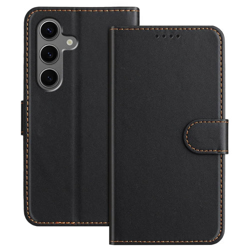 For Samsung Galaxy S25+ Leather Case Wallet Stand Solid Color Anti Drop Phone Cover - Black - 1