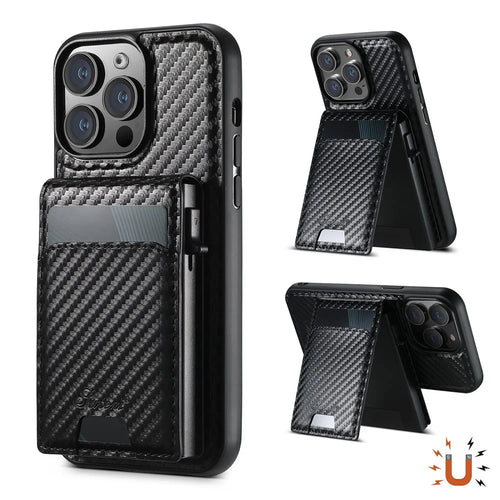 SUTENI H19 For iPhone 15 Pro Magnetic Case Carbon Fiber Texture Leather Back Cover with Card Bag - 1