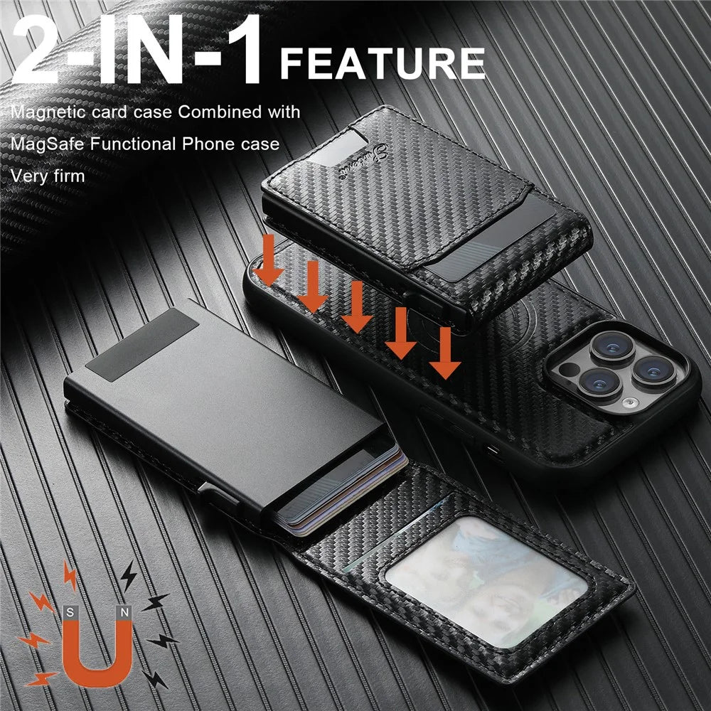 SUTENI H19 For iPhone 15 Pro Magnetic Case Carbon Fiber Texture Leather Back Cover with Card Bag - 4