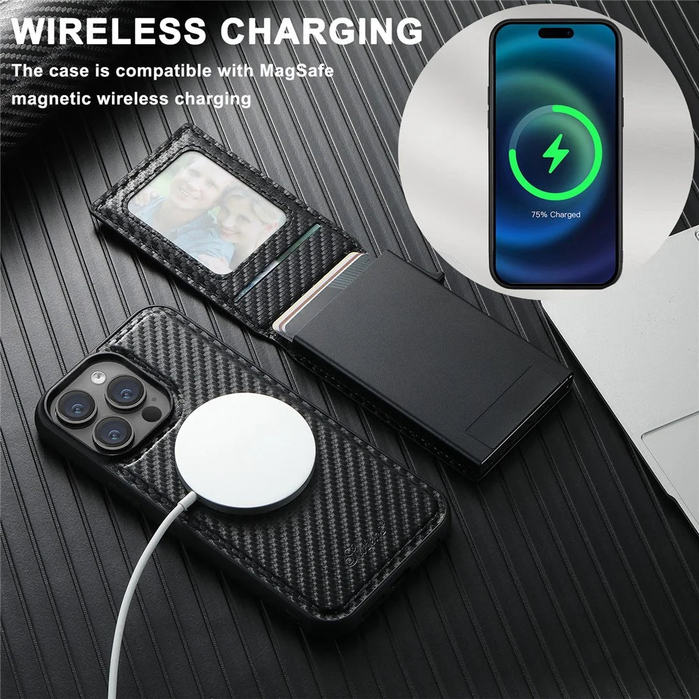 SUTENI H19 For iPhone 15 Pro Max Magnetic Case Carbon Fiber Texture Leather Back Cover with Card Bag - 5