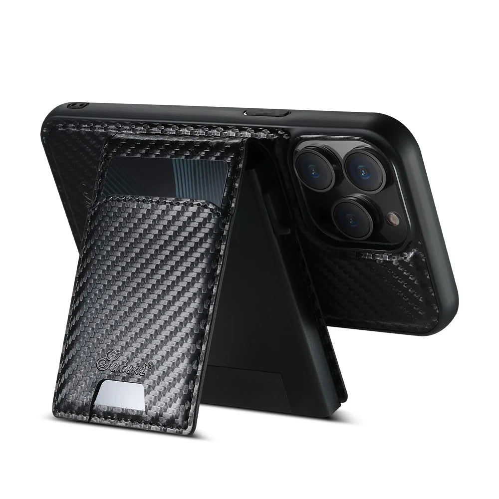 SUTENI H19 For iPhone 14 Pro Magnetic Case Carbon Fiber Texture Leather Back Cover with Card Bag - 3