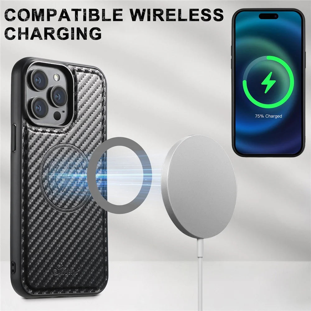 SUTENI H19 For iPhone 14 Pro Magnetic Case Carbon Fiber Texture Leather Back Cover with Card Bag - 6