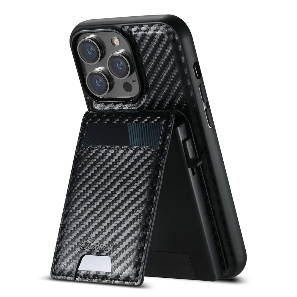 SUTENI H19 For iPhone 13 Pro Magnetic Case Carbon Fiber Texture Leather Back Cover with Card Bag - 2