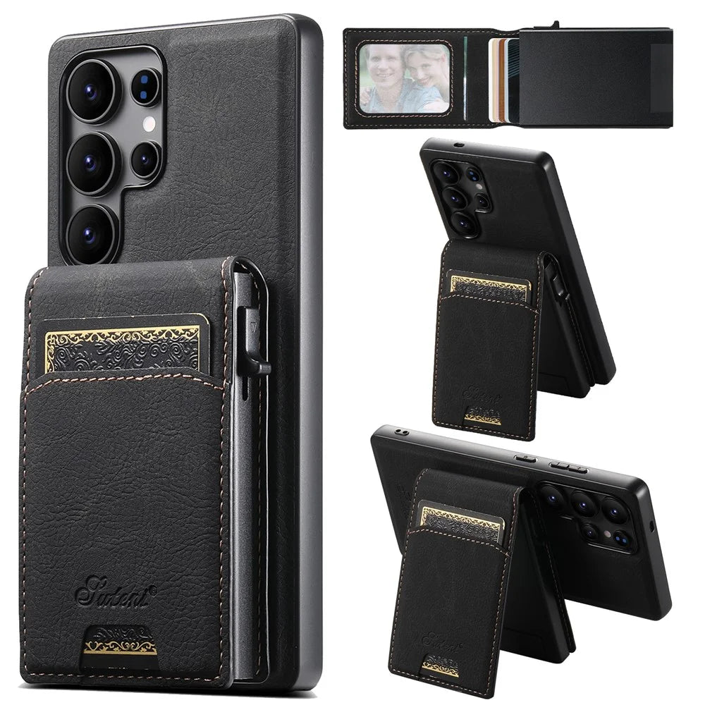 SUTENI H19 For Samsung Galaxy S25 Ultra Magnetic Case Card Holder Kickstand Litchi Texture Leather Back Cover - Black - 1