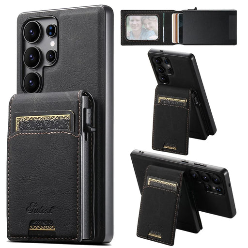SUTENI H19 For Samsung Galaxy S25 Ultra Magnetic Case Card Holder Kickstand Litchi Texture Leather Back Cover - Black - 1