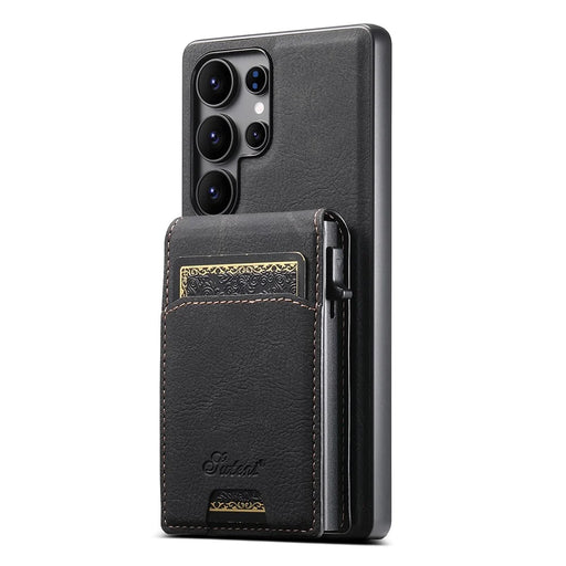 SUTENI H19 For Samsung Galaxy S25 Ultra Magnetic Case Card Holder Kickstand Litchi Texture Leather Back Cover - Black - 2