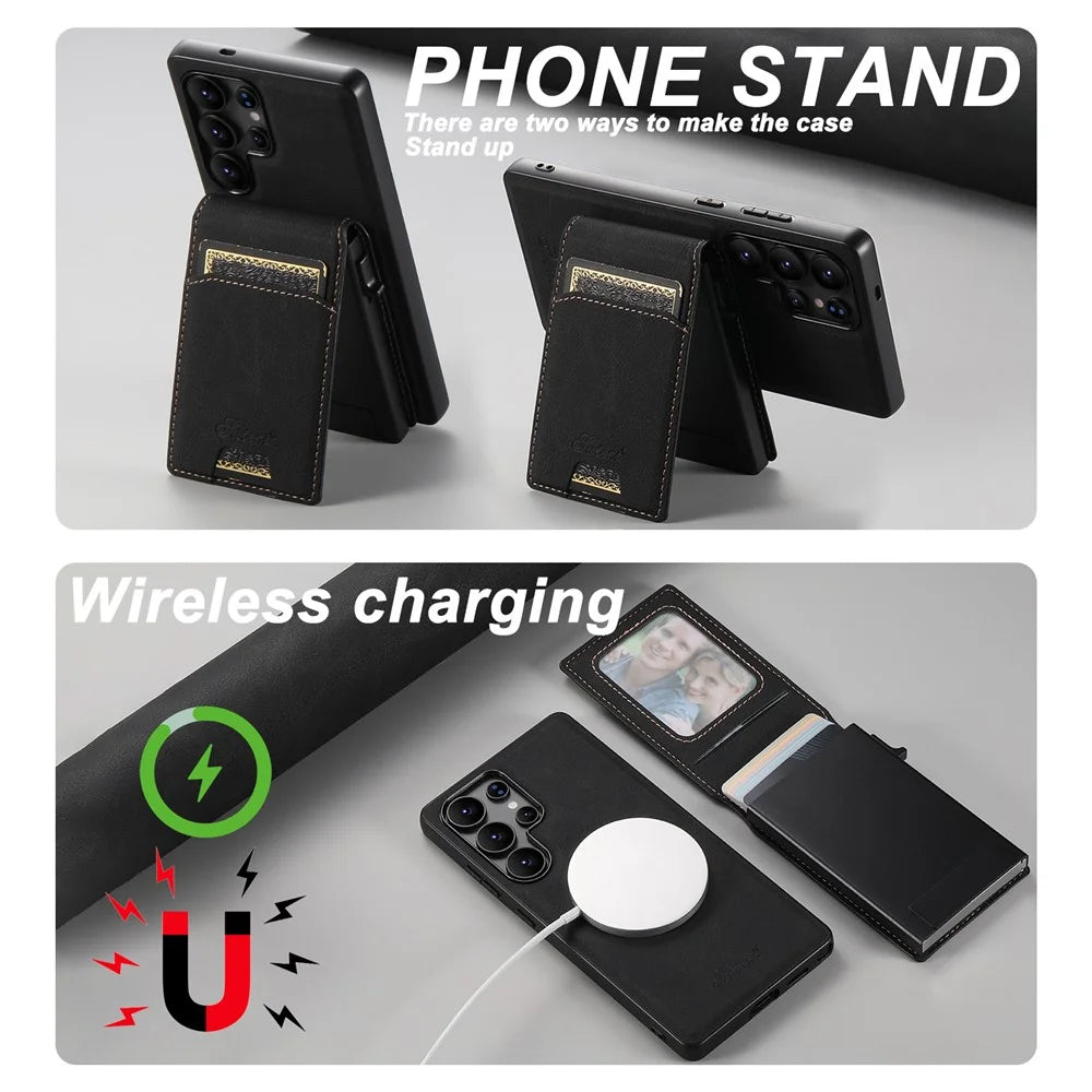 SUTENI H19 For Samsung Galaxy S25 Ultra Magnetic Case Card Holder Kickstand Litchi Texture Leather Back Cover - Black - 6