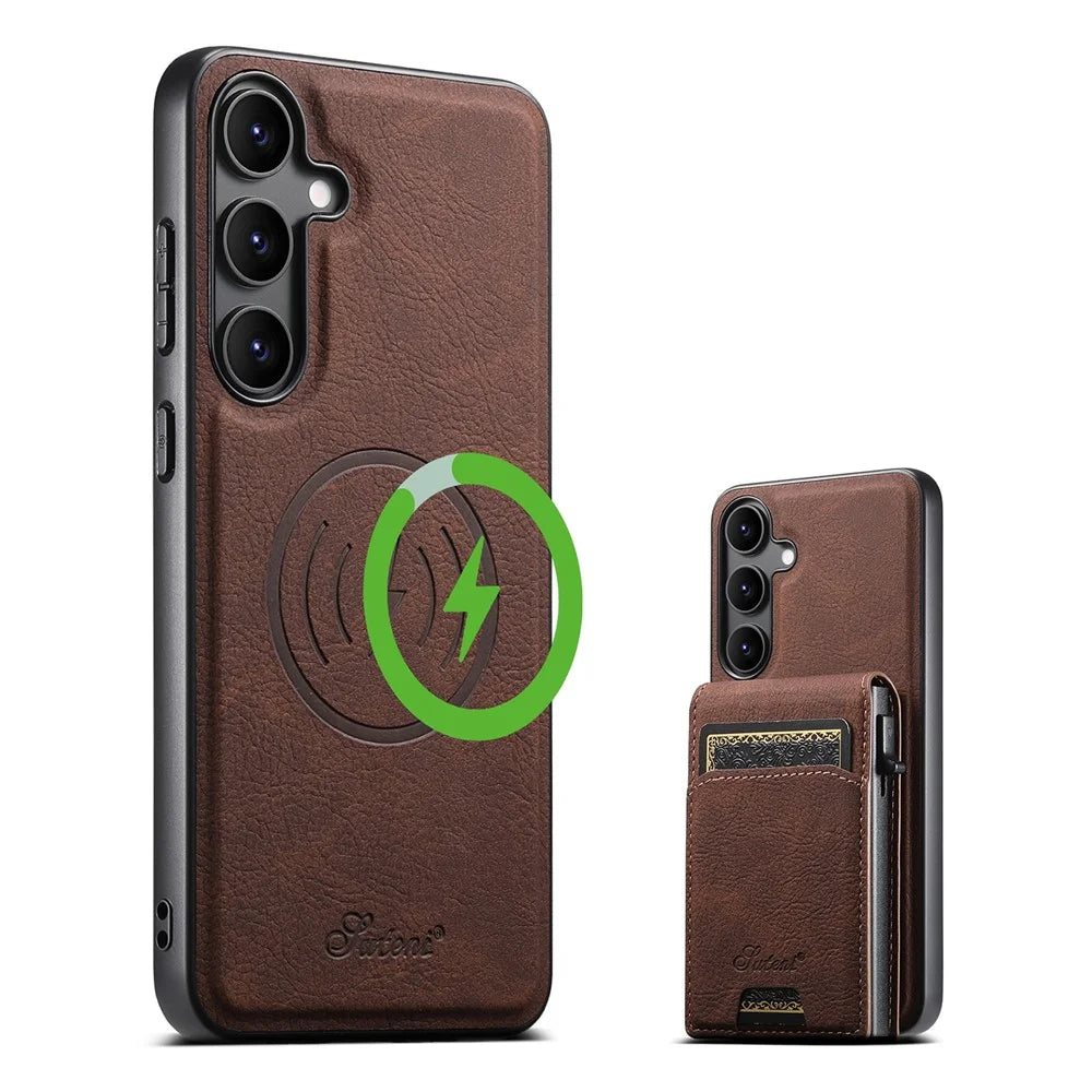 SUTENI H19 For Samsung Galaxy S25+ Magnetic Case Card Holder Kickstand Litchi Texture Leather Back Cover - Brown - 1
