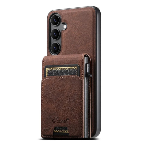 SUTENI H19 For Samsung Galaxy S25+ Magnetic Case Card Holder Kickstand Litchi Texture Leather Back Cover - Brown - 2