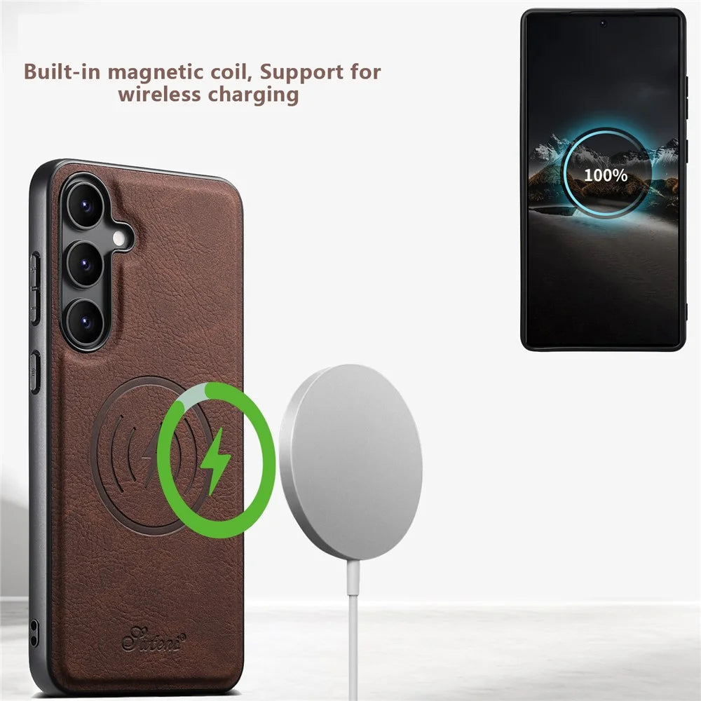 SUTENI H19 For Samsung Galaxy S25+ Magnetic Case Card Holder Kickstand Litchi Texture Leather Back Cover - Brown - 3