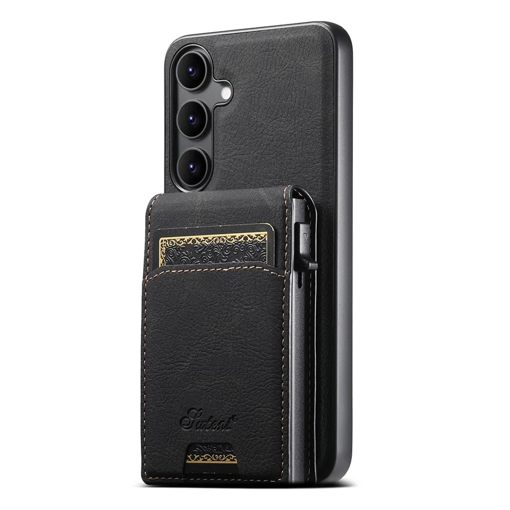 SUTENI H19 For Samsung Galaxy S25 Magnetic Case Card Holder Kickstand Litchi Texture Leather Back Cover - Black - 2
