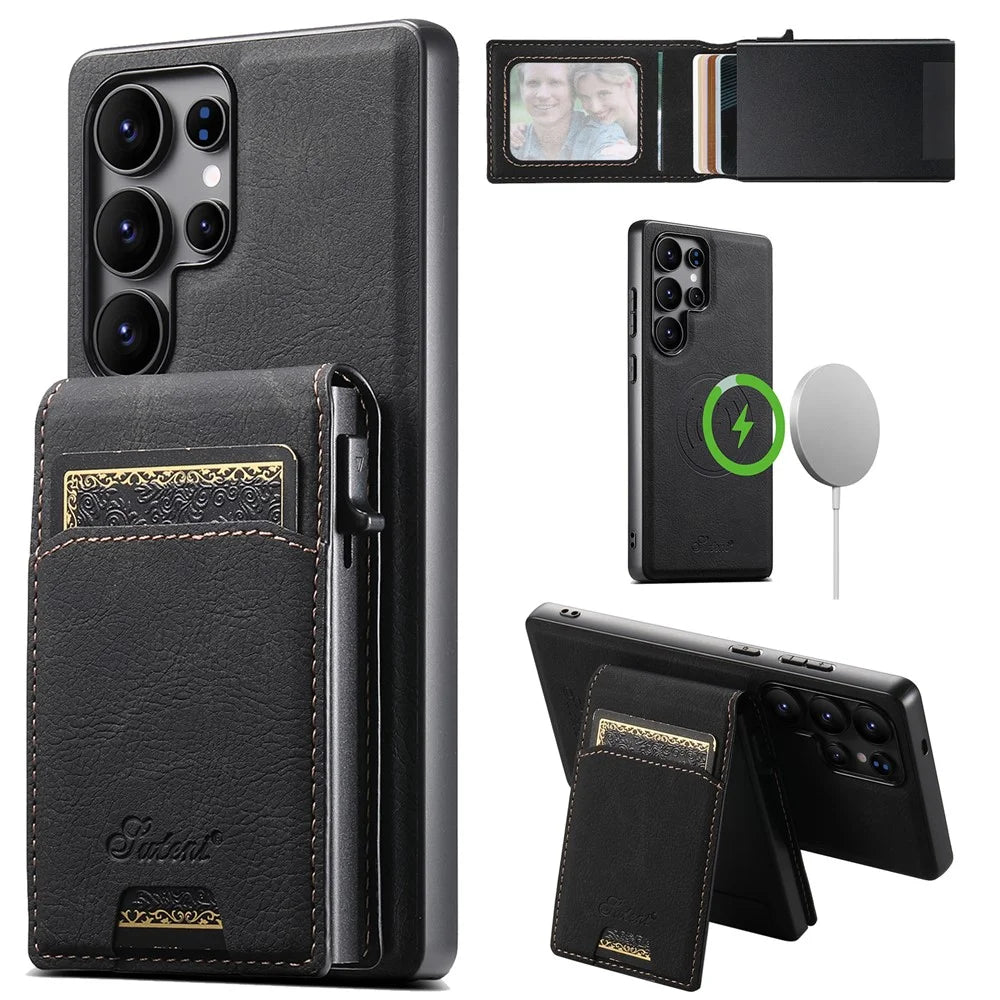 SUTENI H19 For Samsung Galaxy S24 Ultra Magnetic Case Card Holder Kickstand Litchi Texture Leather Back Cover - Black - 1