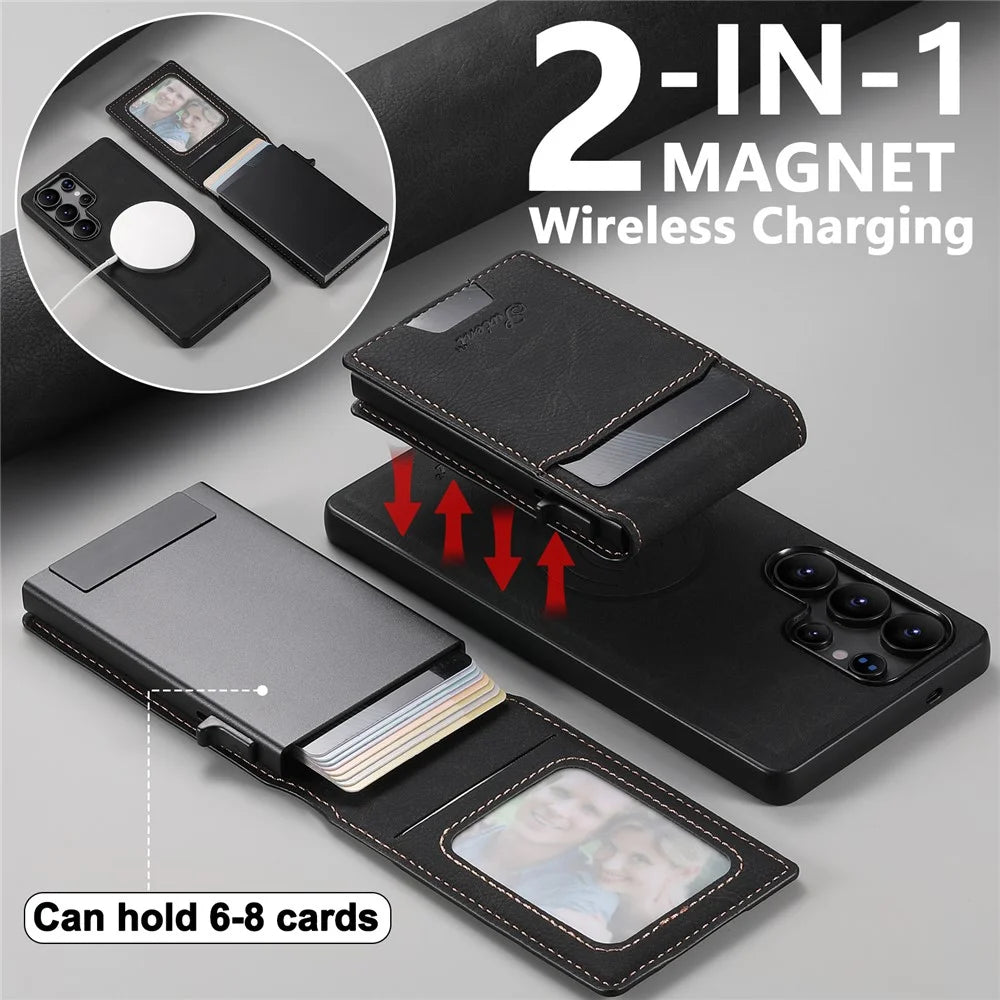 SUTENI H19 For Samsung Galaxy S24 Ultra Magnetic Case Card Holder Kickstand Litchi Texture Leather Back Cover - Black - 6