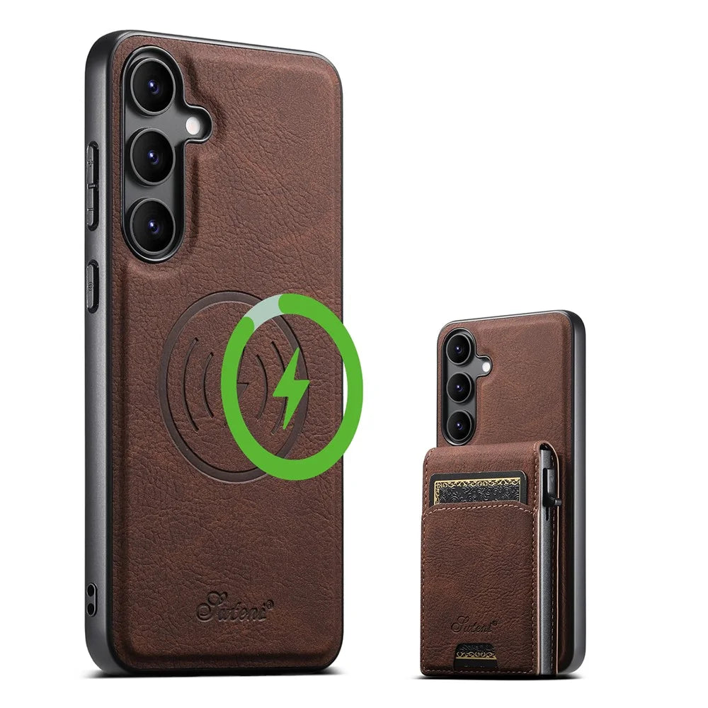 SUTENI H19 For Samsung Galaxy S24 Magnetic Case Card Holder Kickstand Litchi Texture Leather Back Cover - Brown - 1