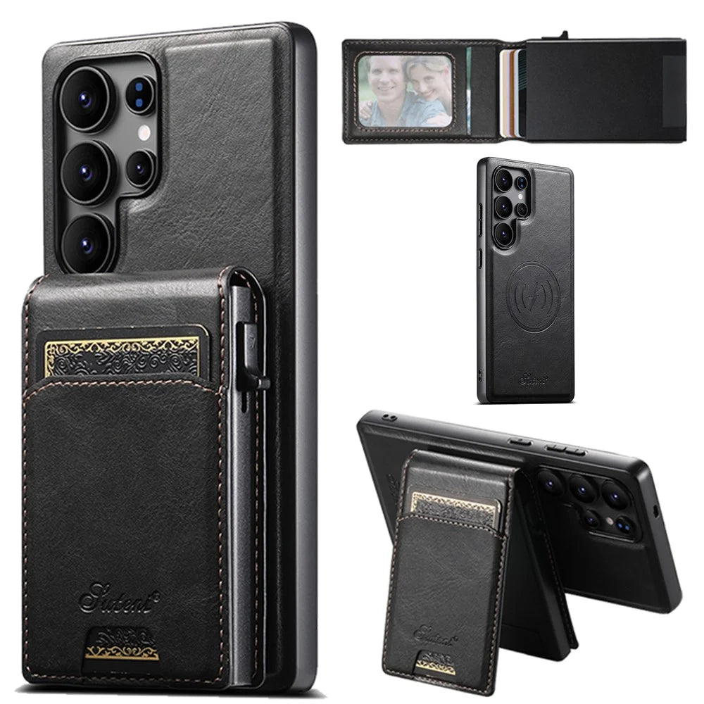 SUTENI H19 For Samsung Galaxy S25 Ultra Magnetic Case Waxy Texture Card Slots Leather Back Phone Cover - Black - 1