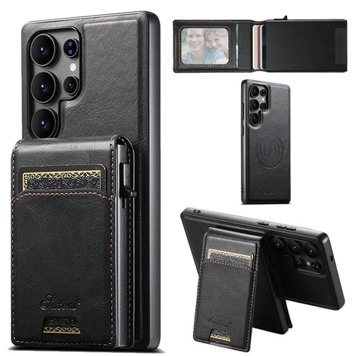 SUTENI H19 For Samsung Galaxy S25 Ultra Magnetic Case Waxy Texture Card Slots Leather Back Phone Cover - Black - 1