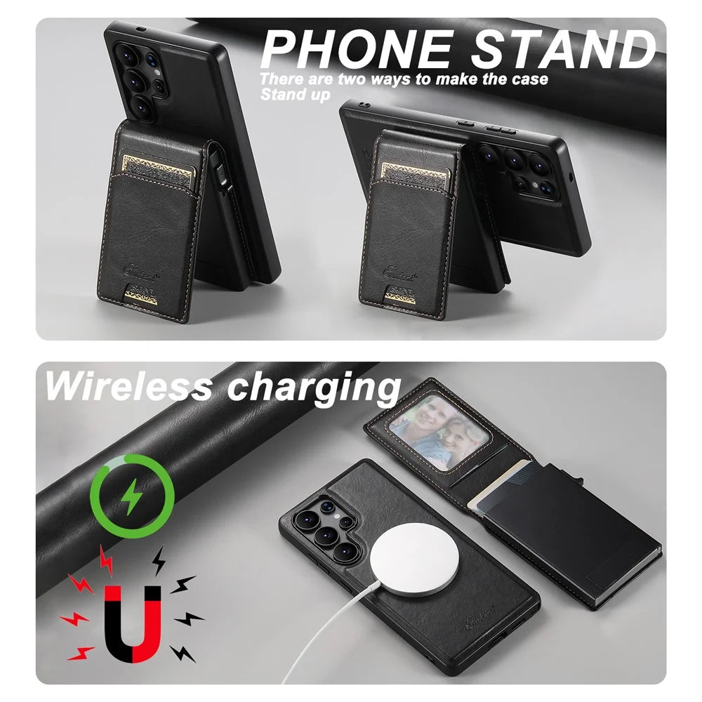 SUTENI H19 For Samsung Galaxy S25 Ultra Magnetic Case Waxy Texture Card Slots Leather Back Phone Cover - Black - 4