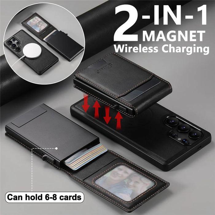 SUTENI H19 For Samsung Galaxy S25 Ultra Magnetic Case Waxy Texture Card Slots Leather Back Phone Cover - Black - 5