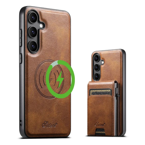 SUTENI H19 For Samsung Galaxy S25+ Magnetic Case Waxy Texture Card Slots Leather Back Phone Cover - Brown - 1