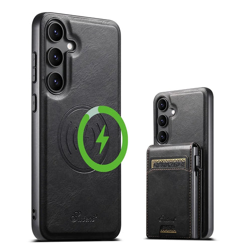 SUTENI H19 For Samsung Galaxy S25 Magnetic Case Waxy Texture Card Slots Leather Back Phone Cover - Black - 1