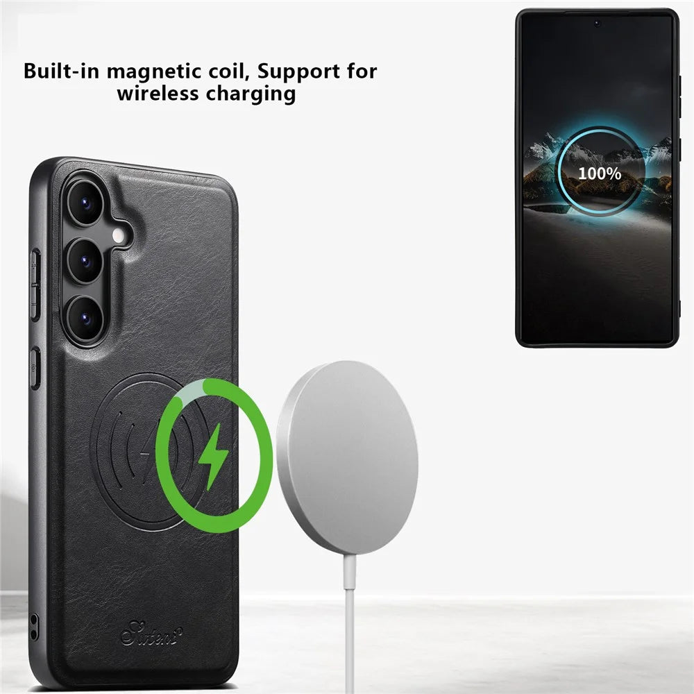 SUTENI H19 For Samsung Galaxy S25 Magnetic Case Waxy Texture Card Slots Leather Back Phone Cover - Black - 4