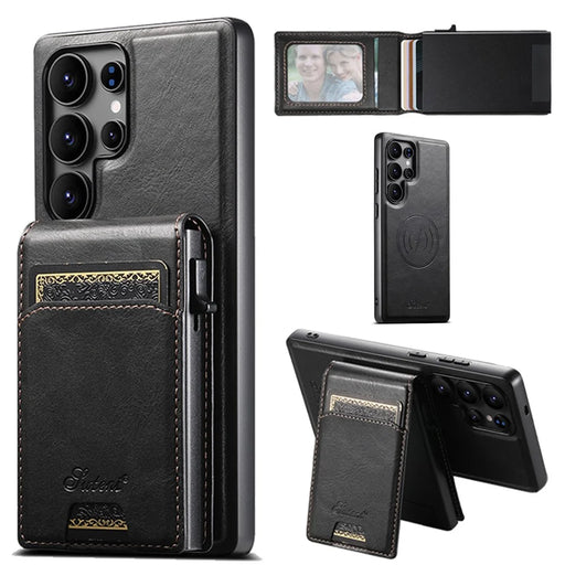 SUTENI H19 For Samsung Galaxy S24 Ultra Magnetic Case Waxy Texture Card Slots Leather Back Phone Cover - Black - 1