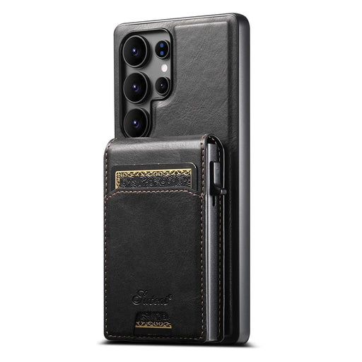 SUTENI H19 For Samsung Galaxy S24 Ultra Magnetic Case Waxy Texture Card Slots Leather Back Phone Cover - Black - 2