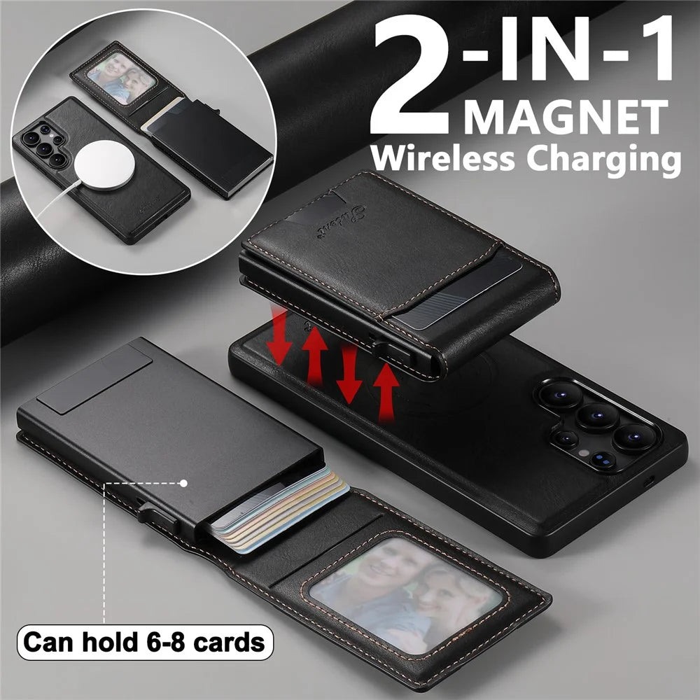 SUTENI H19 For Samsung Galaxy S24 Ultra Magnetic Case Waxy Texture Card Slots Leather Back Phone Cover - Black - 6