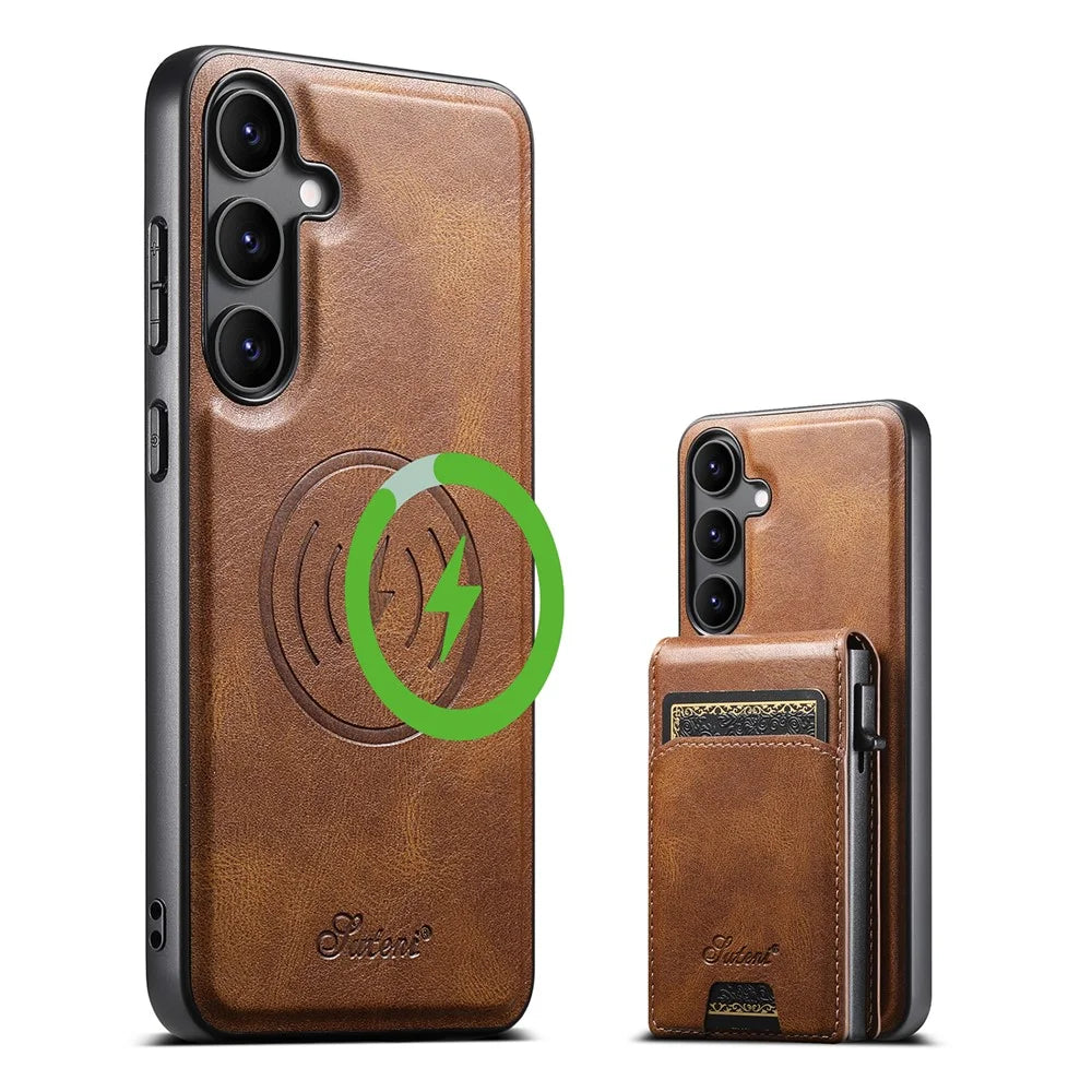 SUTENI H19 For Samsung Galaxy S24+ Magnetic Case Waxy Texture Card Slots Leather Back Phone Cover - Brown - 1