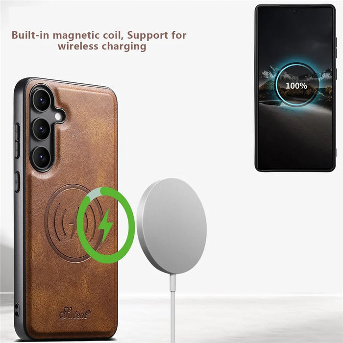 SUTENI H19 For Samsung Galaxy S24+ Magnetic Case Waxy Texture Card Slots Leather Back Phone Cover - Brown - 5