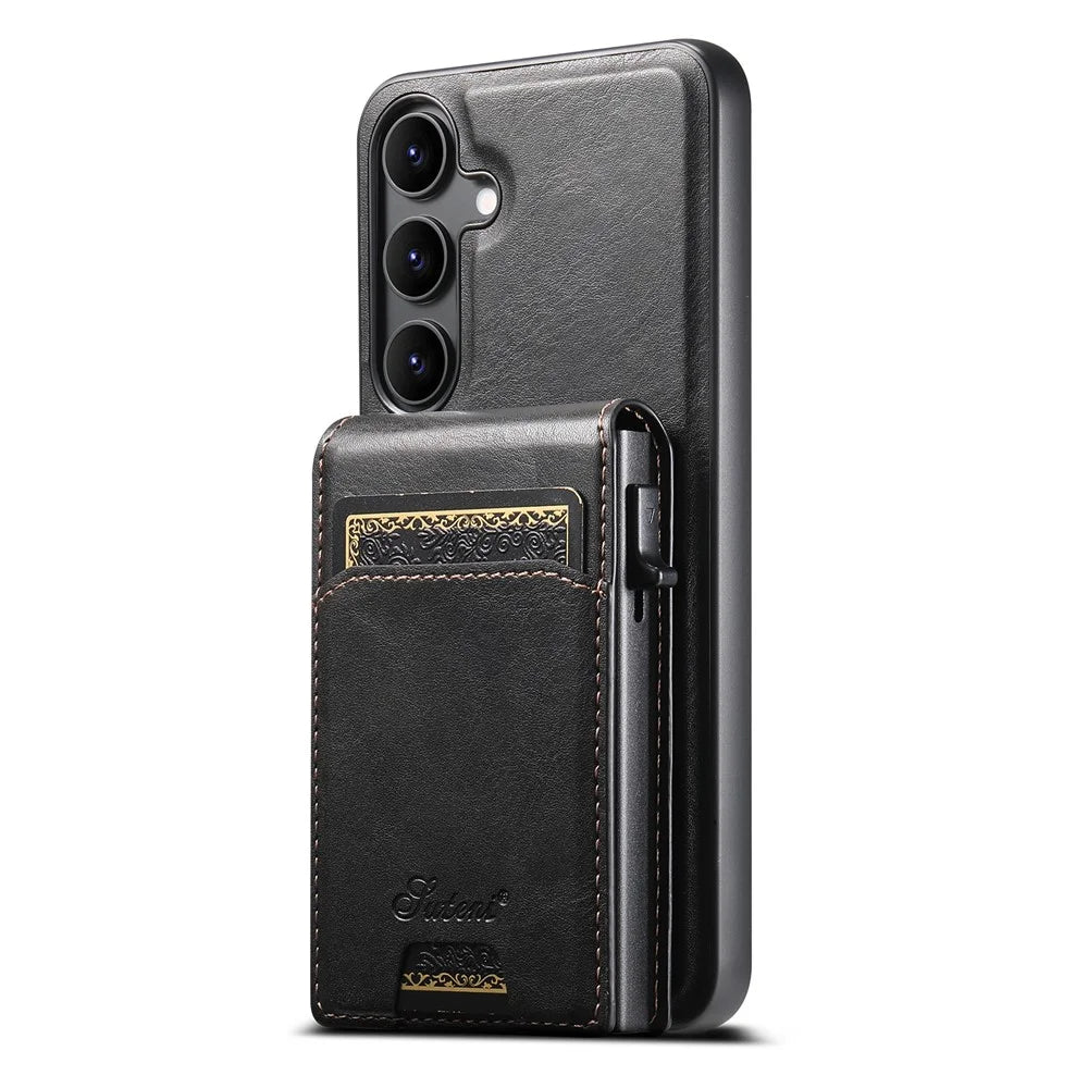 SUTENI H19 For Samsung Galaxy S24 Magnetic Case Waxy Texture Card Slots Leather Back Phone Cover - Black - 4