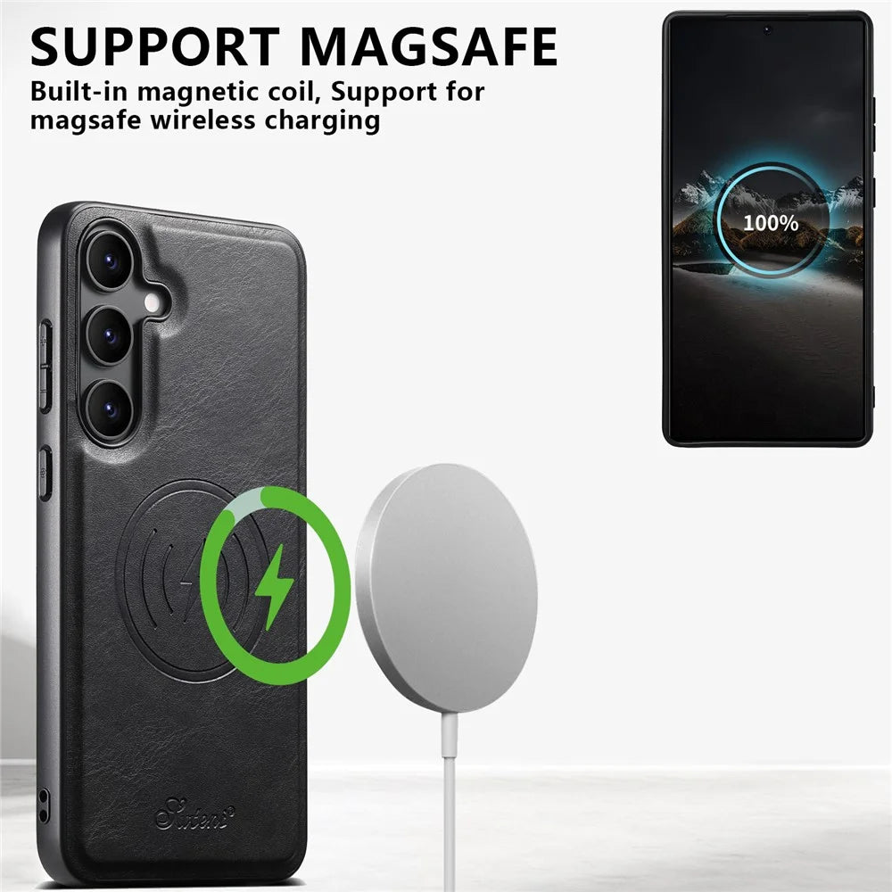 SUTENI H19 For Samsung Galaxy S24 Magnetic Case Waxy Texture Card Slots Leather Back Phone Cover - Black - 5