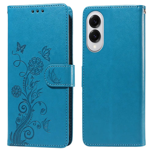 For Samsung Galaxy S25 Edge Phone Case Wallet Stand Butterfly Floral Imprint Leather Cover - Blue - 1