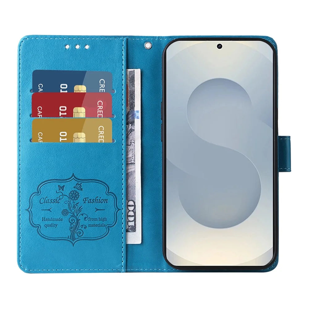 For Samsung Galaxy S25 Edge Phone Case Wallet Stand Butterfly Floral Imprint Leather Cover - Blue - 2