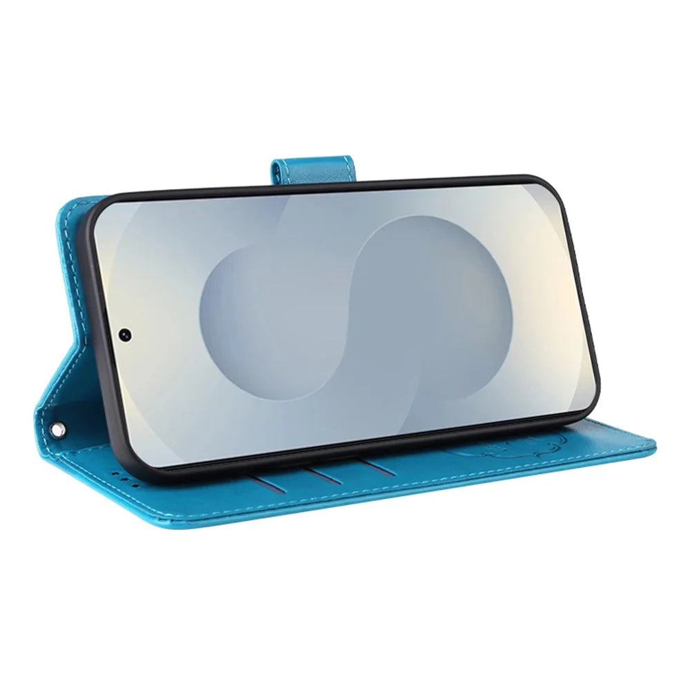 For Samsung Galaxy S25 Edge Phone Case Wallet Stand Butterfly Floral Imprint Leather Cover - Blue - 3